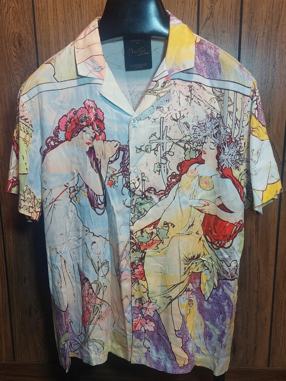 Forever 21 Alphonse Mucha Short Sleeve Button-Down Shirt Xl Art Nouveau